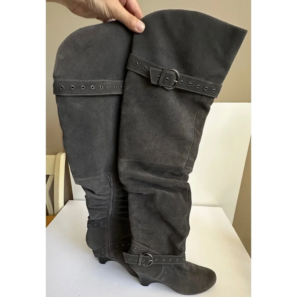Y2K Naughty Monkey Over The Knee Suede Wedge Boots Gray Grommet Buckle 8